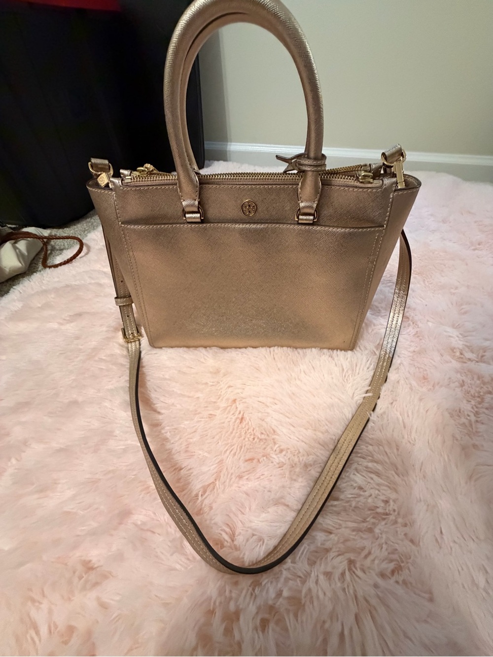 ⭐️Tory Burch Metallic Gold Leather Satchel with Detachable Strap